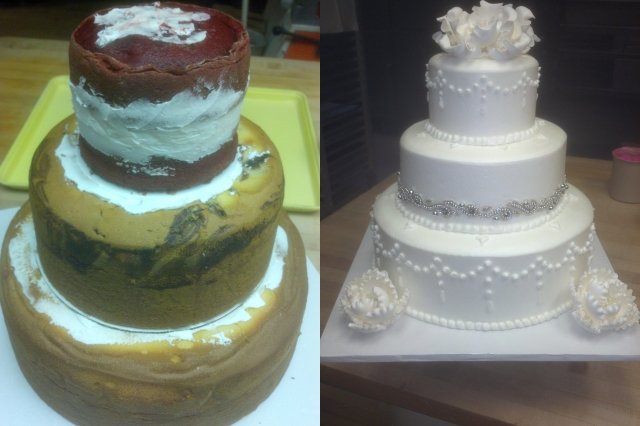 before_and_after_weddingcake - Before and After Wedding Cake
3 tiers. Top tier is a 6&quot; 2-layers red velvet. Middle tier is a tall 10&quot; marble pound cake. Bottom tier is a 13&quot; plain pound cake. Flowers are gum paste. Silver ribbon is from the bride&#039;s gown